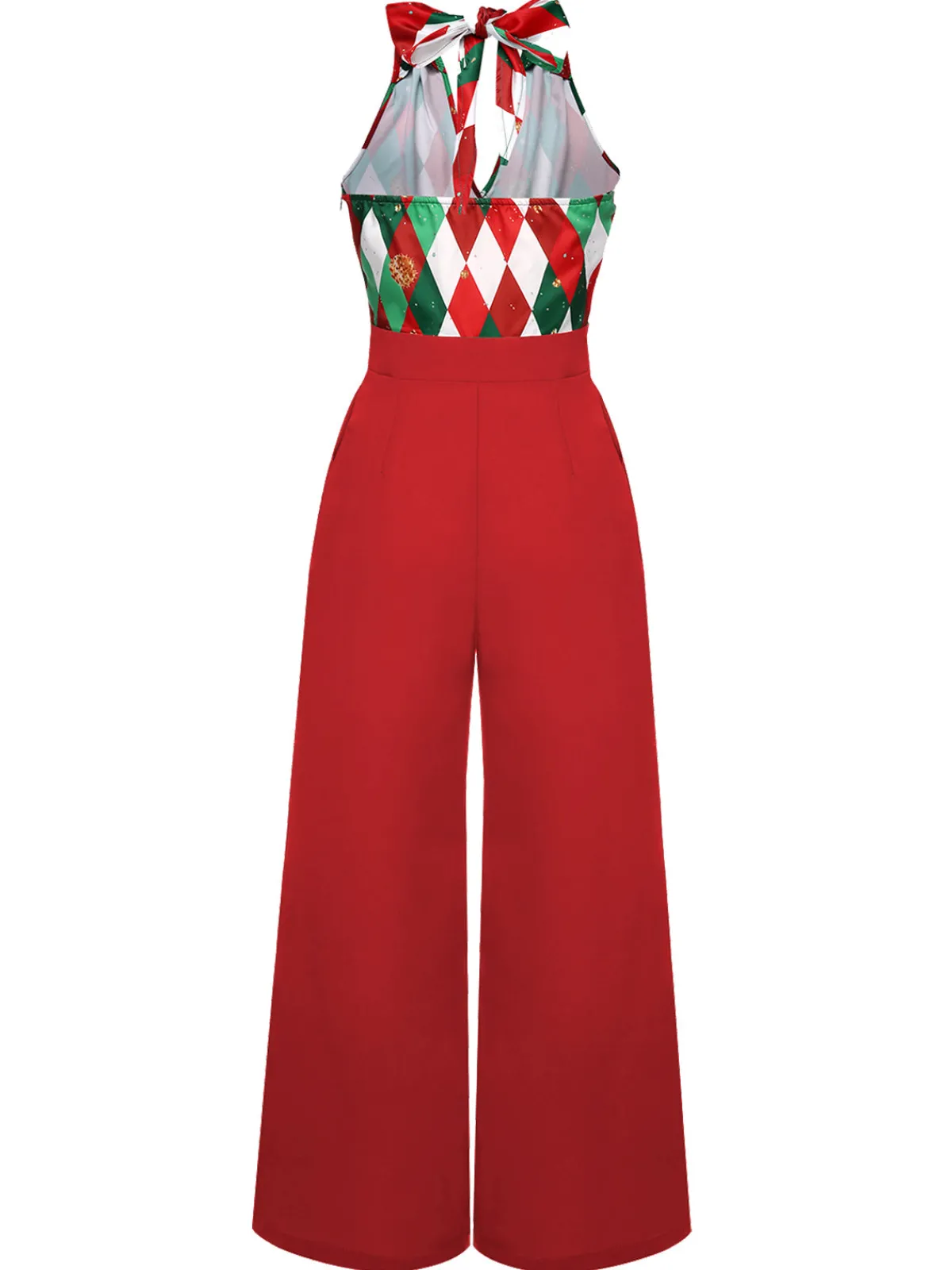 Hot Retro Stage Green 1930s Christmas Plaid Lace Patchwork Jumpsuit
