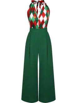 Hot Retro Stage Green 1930s Christmas Plaid Lace Patchwork Jumpsuit