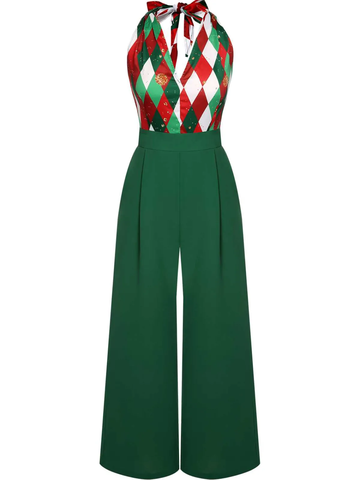 Hot Retro Stage Green 1930s Christmas Plaid Lace Patchwork Jumpsuit
