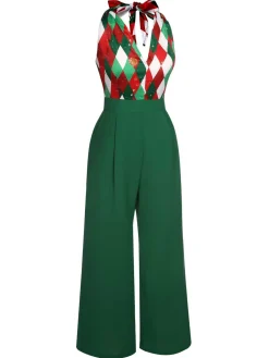 Hot Retro Stage Green 1930s Christmas Plaid Lace Patchwork Jumpsuit