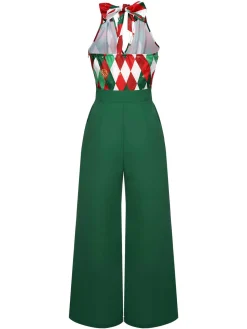 Hot Retro Stage Green 1930s Christmas Plaid Lace Patchwork Jumpsuit