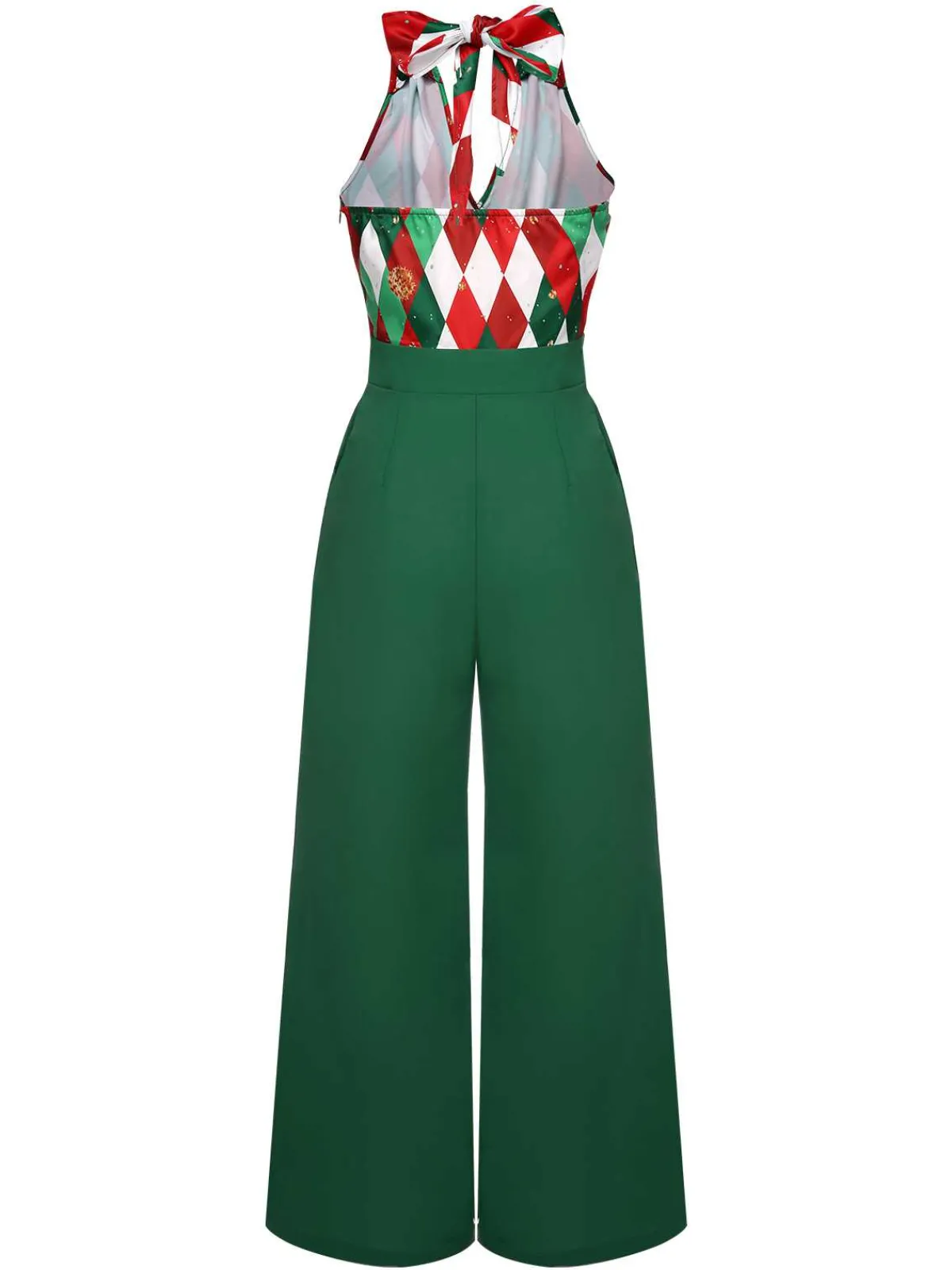 Hot Retro Stage Green 1930s Christmas Plaid Lace Patchwork Jumpsuit