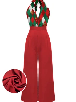 Hot Retro Stage Green 1930s Christmas Plaid Lace Patchwork Jumpsuit