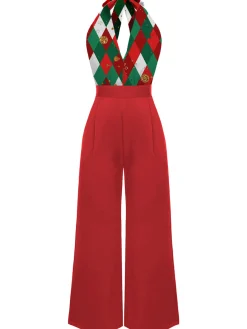Hot Retro Stage Green 1930s Christmas Plaid Lace Patchwork Jumpsuit