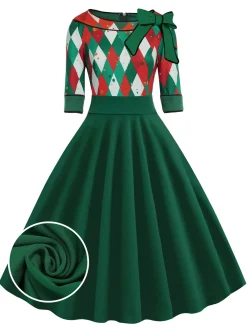 Clearance Retro Stage Green 1950s Christmas Plaid Patchwork Dress