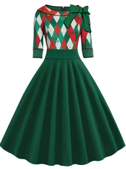 Clearance Retro Stage Green 1950s Christmas Plaid Patchwork Dress
