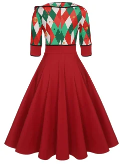 Clearance Retro Stage Green 1950s Christmas Plaid Patchwork Dress