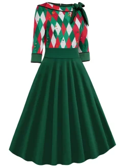 Clearance Retro Stage Green 1950s Christmas Plaid Patchwork Dress