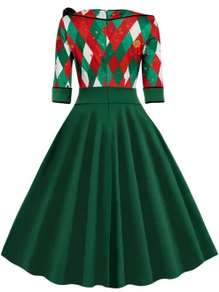 Clearance Retro Stage Green 1950s Christmas Plaid Patchwork Dress