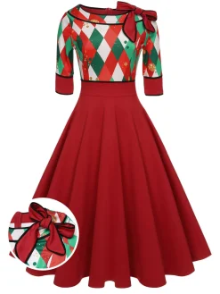 Clearance Retro Stage Green 1950s Christmas Plaid Patchwork Dress