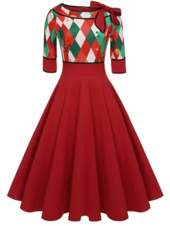 Clearance Retro Stage Green 1950s Christmas Plaid Patchwork Dress