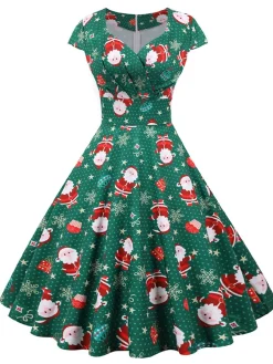 Best Retro Stage 1950s Christmas Polka Dot Dress Green