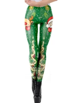 Outlet Retro Stage 1960s Christmas Print Leggings Green