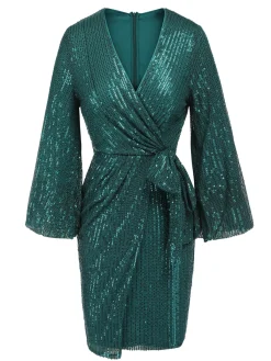 Outlet Retro Stage 1960s Christmas Sequin V-Neck Pencil Dress Green