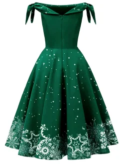Best Retro Stage Green 1950s Christmas Snowflake Off-Shoulder Dress