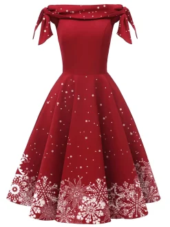 Best Retro Stage Green 1950s Christmas Snowflake Off-Shoulder Dress