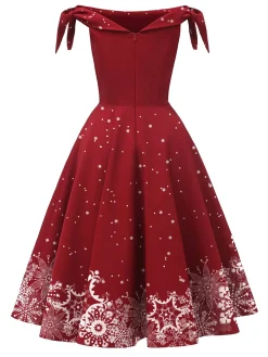 Best Retro Stage Green 1950s Christmas Snowflake Off-Shoulder Dress