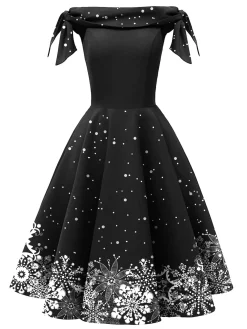 Best Retro Stage Green 1950s Christmas Snowflake Off-Shoulder Dress