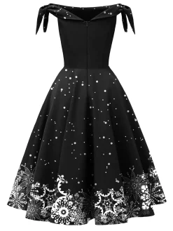 Best Retro Stage Green 1950s Christmas Snowflake Off-Shoulder Dress