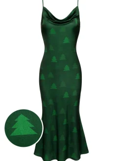 Fashion Retro Stage 1930s Christmas Tree Suspender Fishtail Dress Green