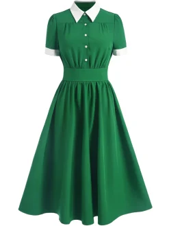 Hot Retro Stage 1940s Contrast Shirt Collar Dress Green