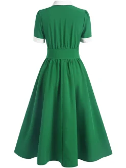 Hot Retro Stage 1940s Contrast Shirt Collar Dress Green