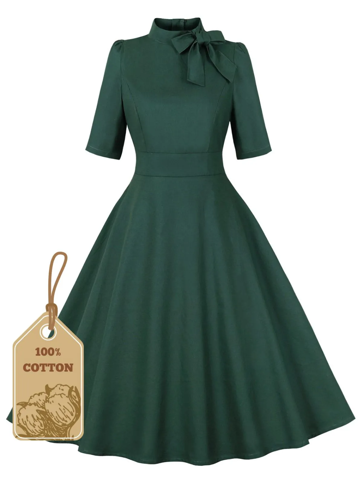 Outlet Retro Stage 1950s Cotton Tie Elbow Sleeves Dress Green