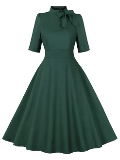 Outlet Retro Stage 1950s Cotton Tie Elbow Sleeves Dress Green