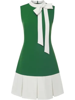 New Retro Stage Green 1960s Crew Bowknot Sleeveless Dress