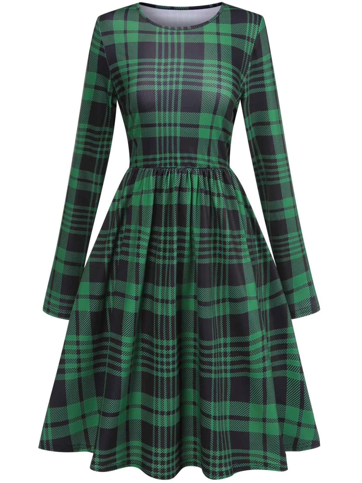 Sale Retro Stage 1940s Crew Neck Tartan Dress Green