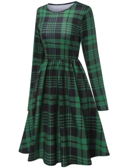 Sale Retro Stage 1940s Crew Neck Tartan Dress Green