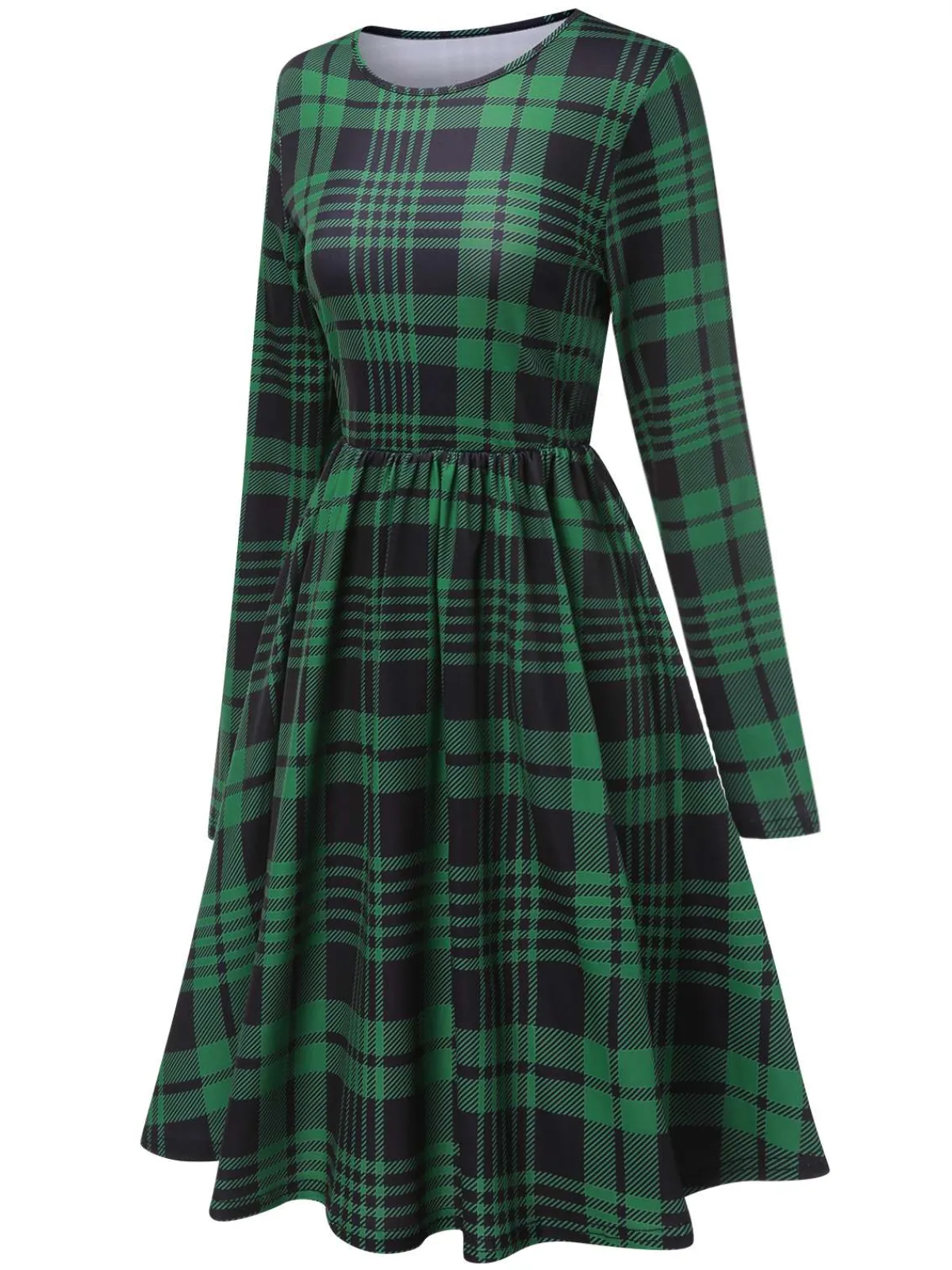 Sale Retro Stage 1940s Crew Neck Tartan Dress Green