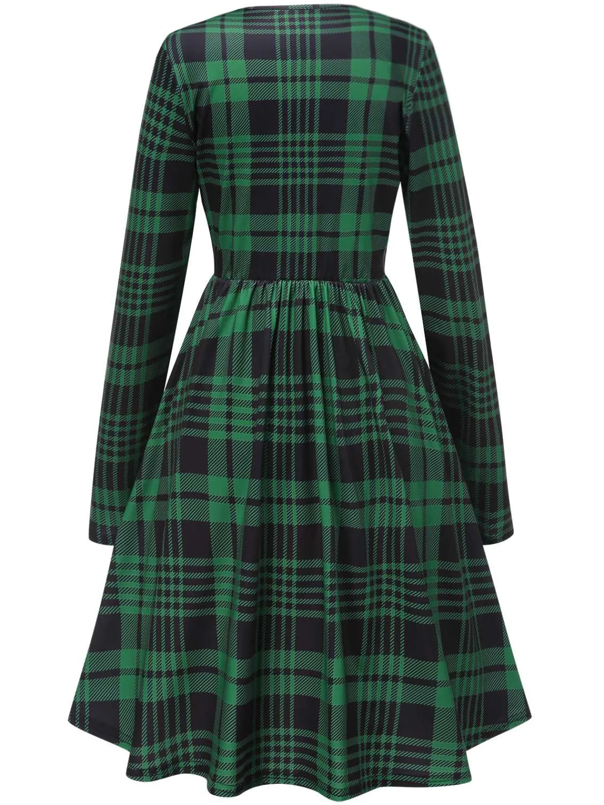 Sale Retro Stage 1940s Crew Neck Tartan Dress Green