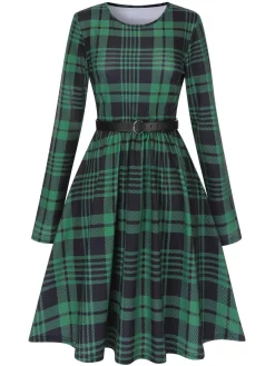 Clearance Retro Stage 1940s Crew Neck Tartan Dress With Belt Green