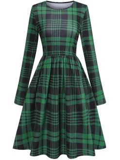 Clearance Retro Stage 1940s Crew Neck Tartan Dress With Belt Green