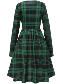 Clearance Retro Stage 1940s Crew Neck Tartan Dress With Belt Green