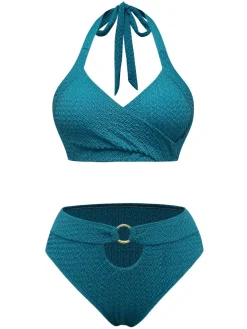 Discount Retro Stage 1930s Cut-out Halter Lace-up Bikini Set Green