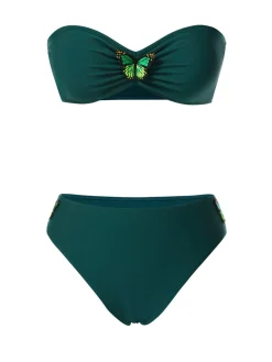 New Retro Stage 1960s 3D Butterfly Bandeau Bikini Set Green
