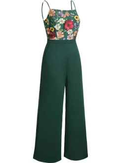 Best Retro Stage 1930s 3D Floral Strap Patchwork Jumpsuit Green