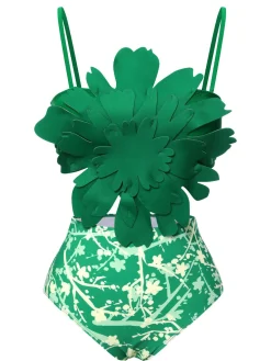New Retro Stage 1960S 3D Floral Strap Swimsuit Green