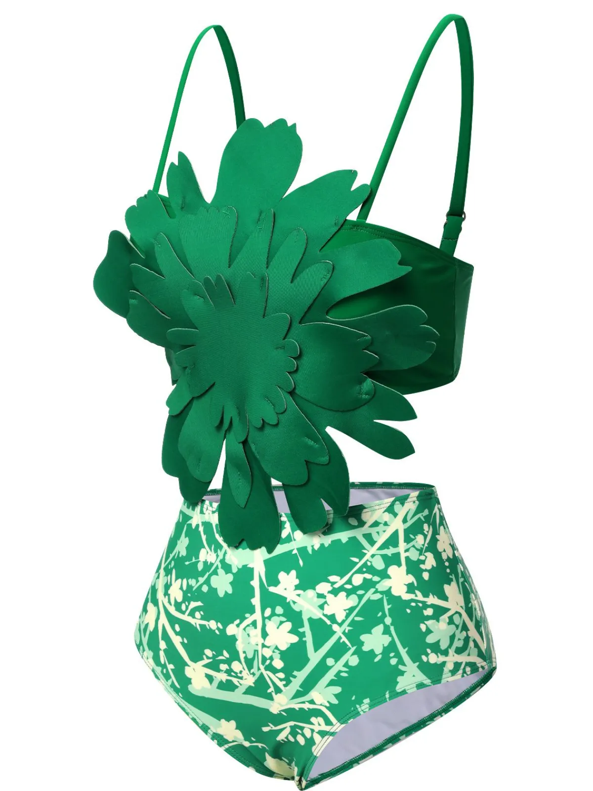 New Retro Stage 1960S 3D Floral Strap Swimsuit Green
