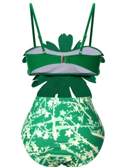 New Retro Stage 1960S 3D Floral Strap Swimsuit Green