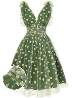 Outlet Retro Stage Green 1950s Daisy Mesh Swing Dress