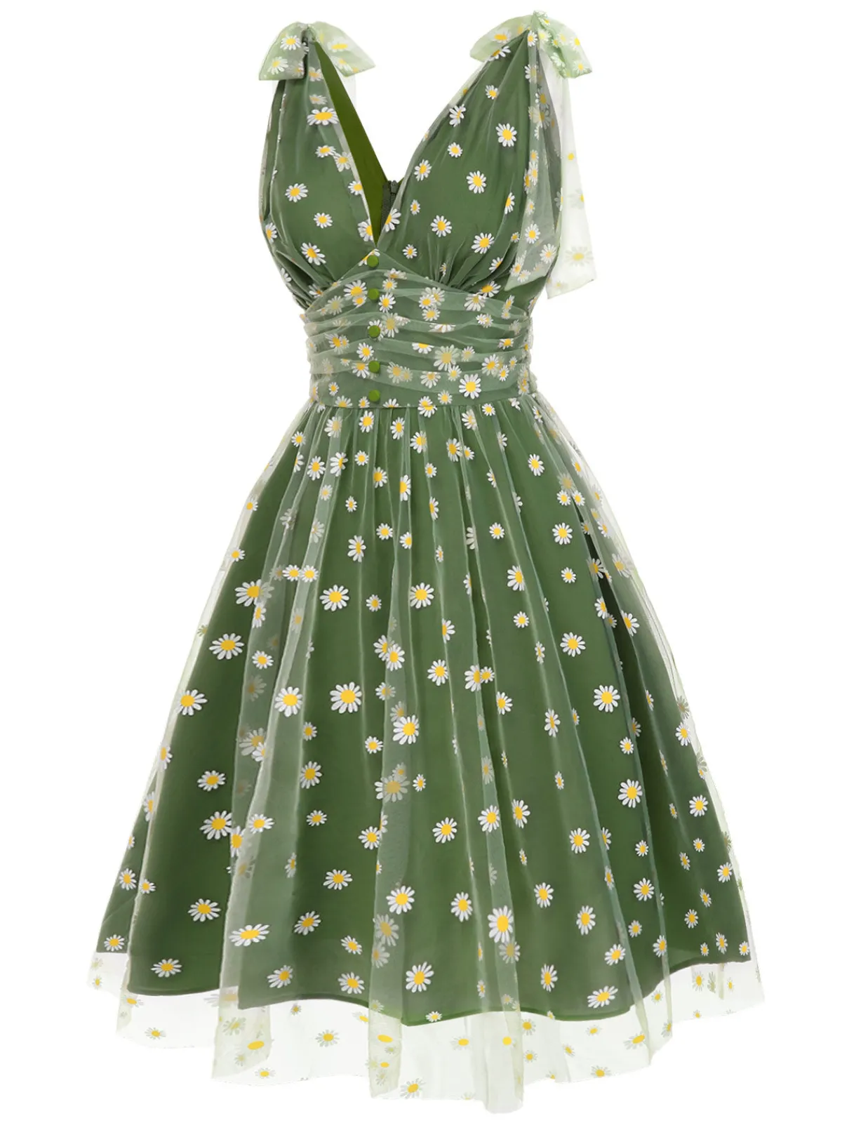 Outlet Retro Stage Green 1950s Daisy Mesh Swing Dress