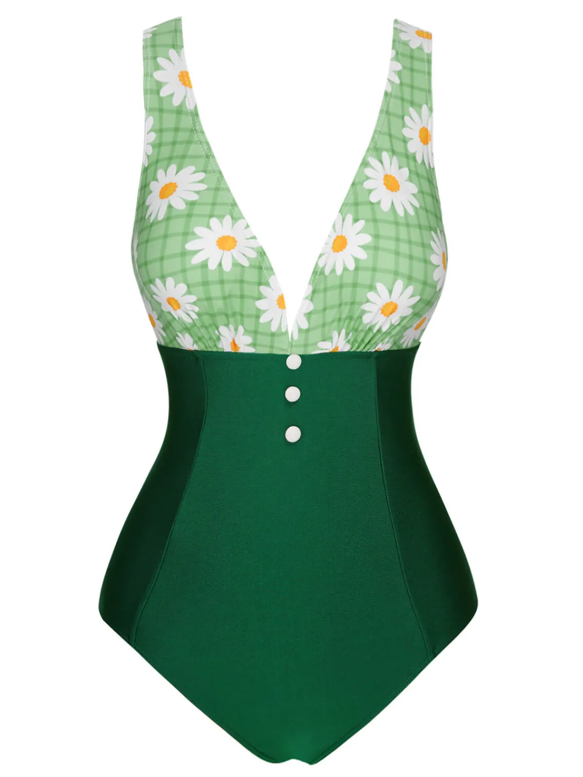 Hot Retro Stage 1940s Daisy Patchwork One-Piece Swimsuit Green