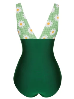Hot Retro Stage 1940s Daisy Patchwork One-Piece Swimsuit Green