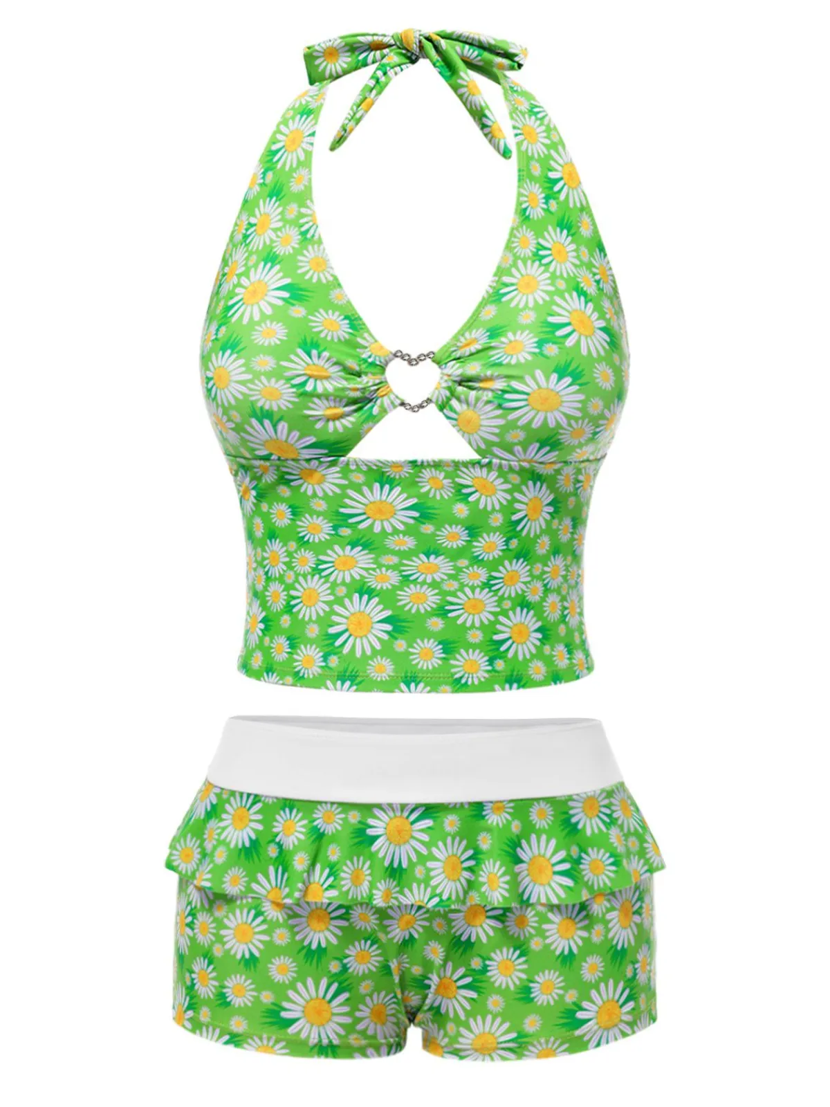 Discount Retro Stage 1970s Daisy Ruffled Halter Tankini Set Green