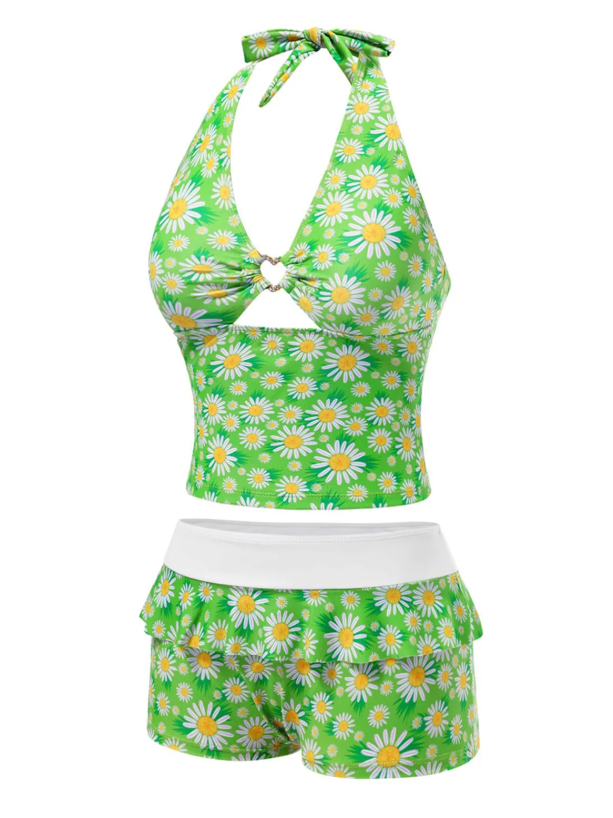Discount Retro Stage 1970s Daisy Ruffled Halter Tankini Set Green