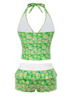 Discount Retro Stage 1970s Daisy Ruffled Halter Tankini Set Green