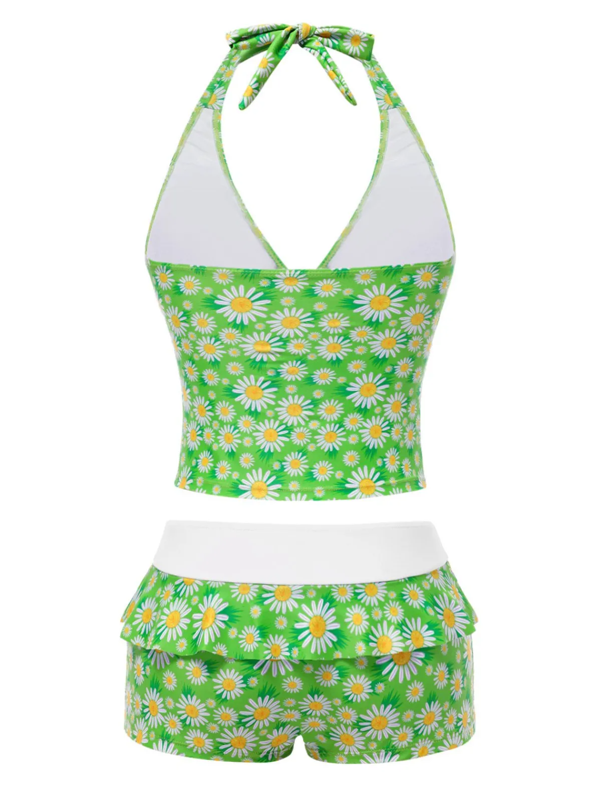 Discount Retro Stage 1970s Daisy Ruffled Halter Tankini Set Green
